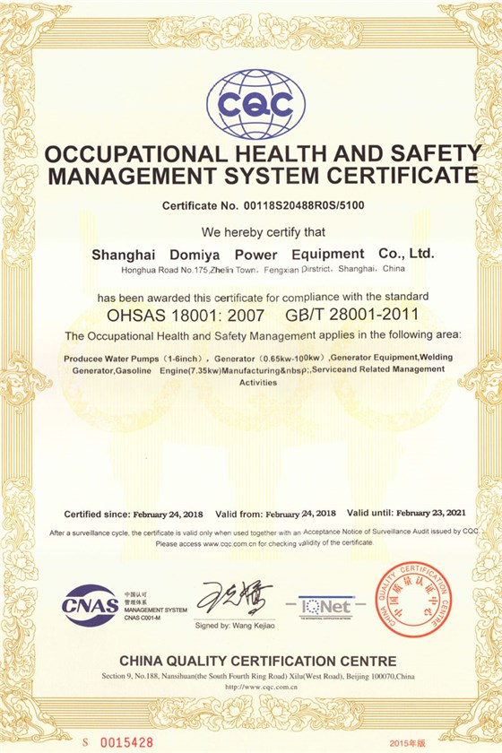 上海东明职业健康安全管理体系认证证书英文版